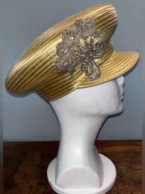 Charm’s Women’s Hat Pillbox Gold Pleated with Rhinestone Brooch Derby Church